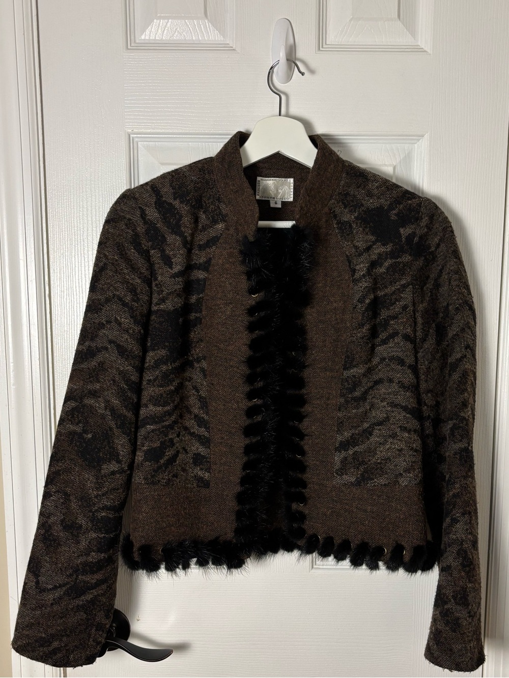 Vintage Alberto Makali Rabbit Fur Trim Jacket Brown Black Size 6 Y2K